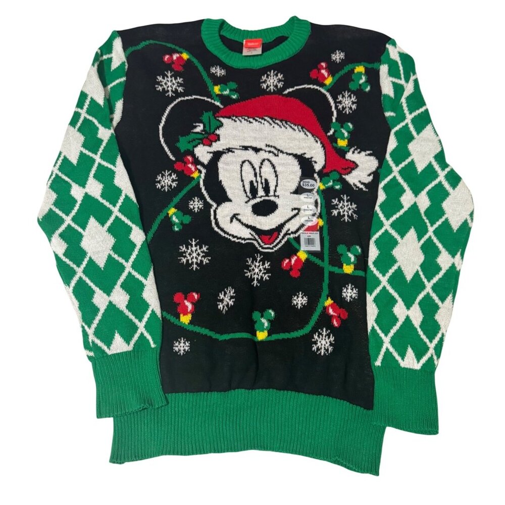 Disney Mickey Mouse Christmas‎ Sweater Festive Design Green Sleeves - Mens Large